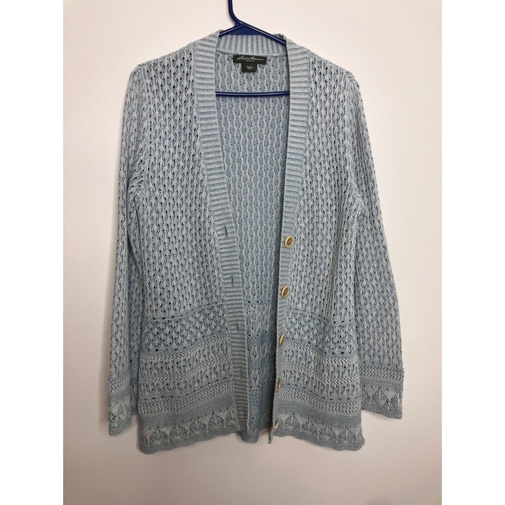 Eddie Bauer Cardigan Sweater Womens Medium Blue Excellent Pointelle Cotton Knit